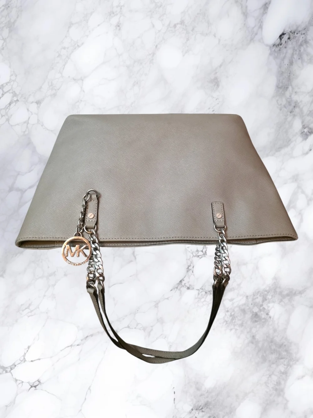 Michael Kors Large Saffiano Leather Beige Taupe Chain Tote Gold Accents